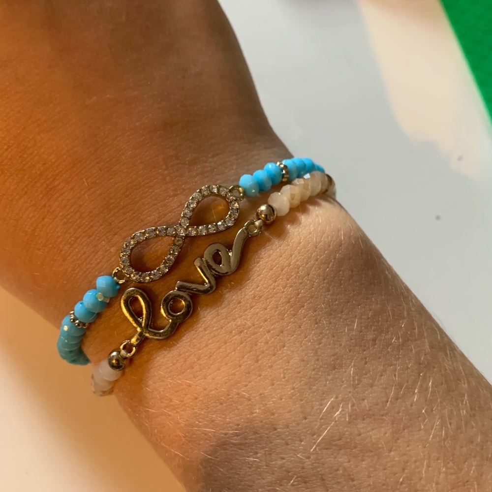 Beaded infinity symbol and “love” bracelets